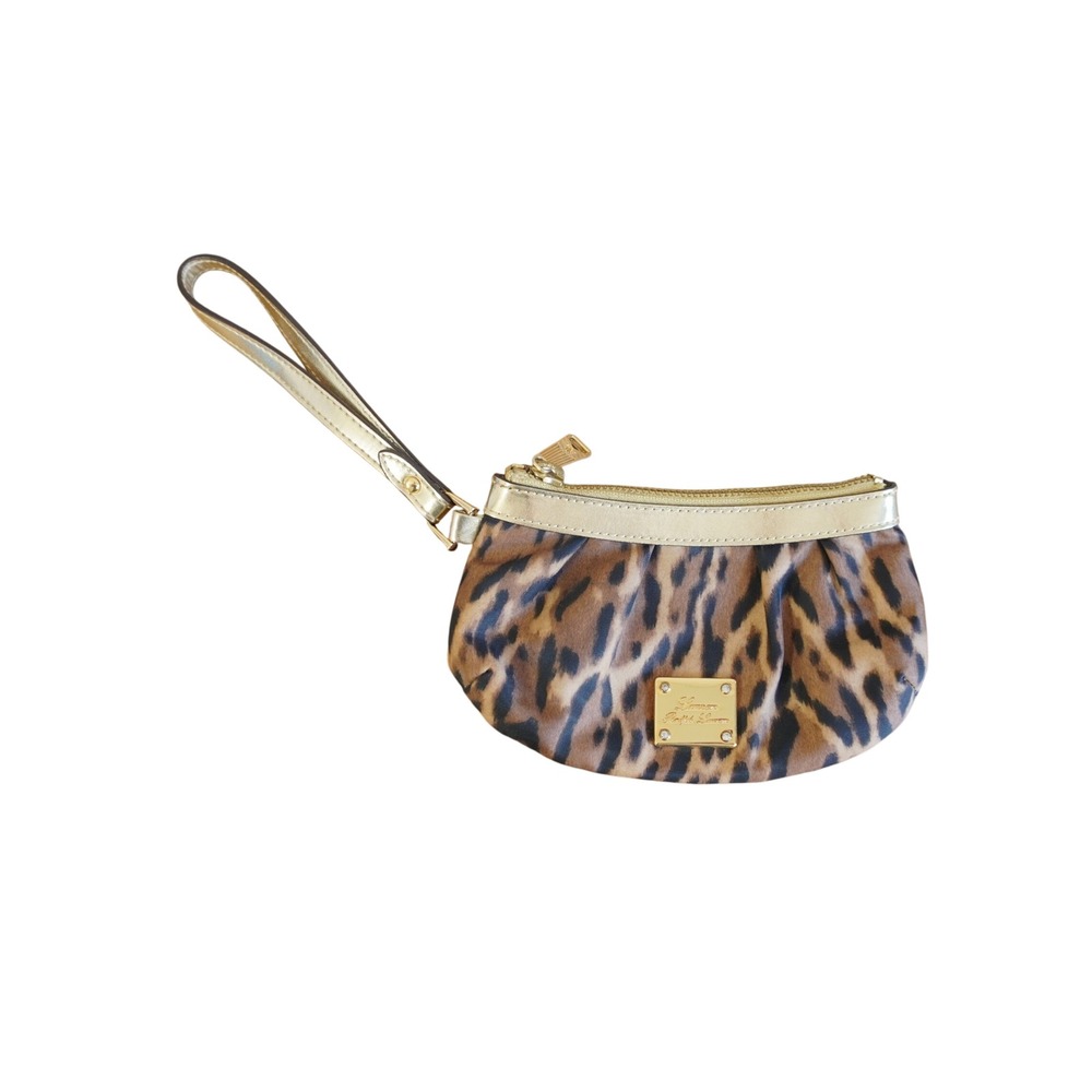 Lauren Ralph Lauren Leopard Print Mini Wristlet Pouch Gold Trim Animal Print Bag